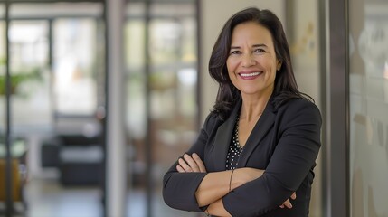 Fototapeta premium Happy cheerful 45 year old Latin professional mid aged business woman corporate leader smiling positive mature female executive manager standing in office arms crossed looking at camer : Generative AI