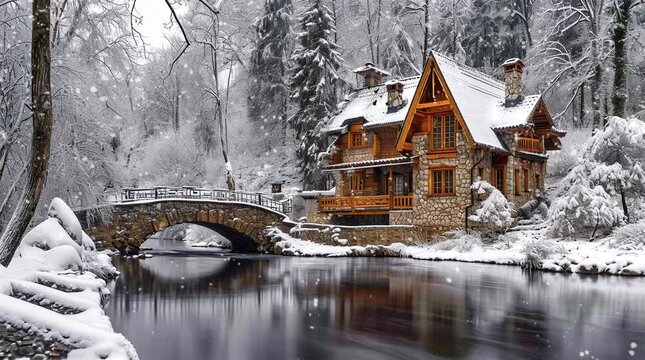 Snow-covered block bridge over a river leading to a fantasy house in a winter wonderland
 Seamless looping 4k time-lapse virtual video animation background. Generated AI