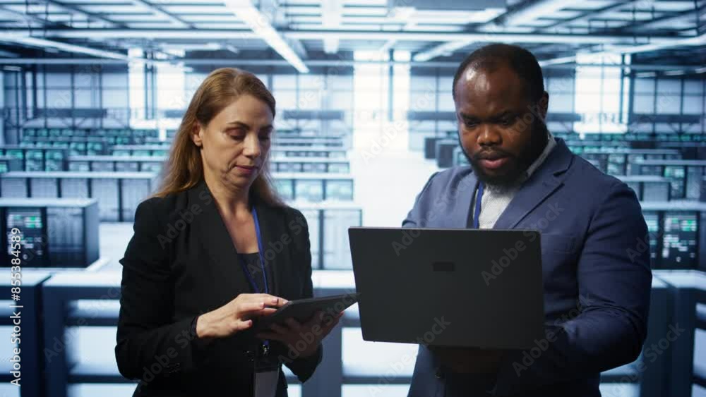 Poster system administrators in data center overseeing server operations using notebook and tablet. colleag