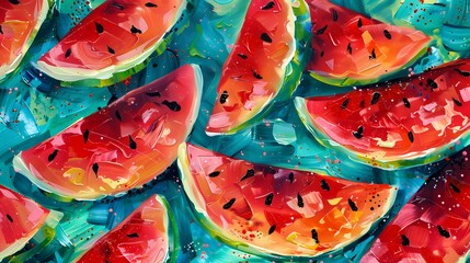 heap of watermelon slices as background. 