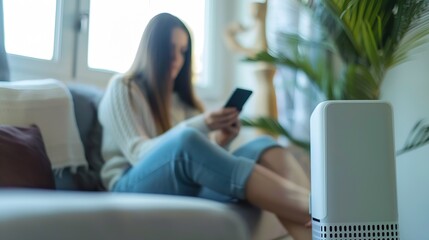Air purifier PM 25 dust filter clean and health air Air purifier against blurred woman using the phone on sofa in living room : Generative AI