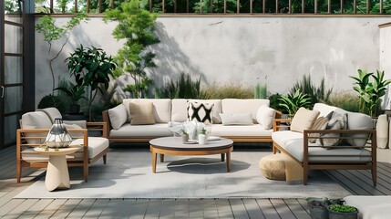Fototapeta premium Patio Garden Urban neutral outdoor living space Exterior photo Outdoor living room with couch comfy cushions throw pillows chairs and coffee table Backyard with greenery plants : Generative AI
