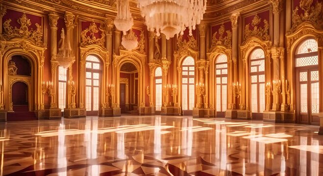 Royal palace interior with sparkling golden marble, ornate chandeliers