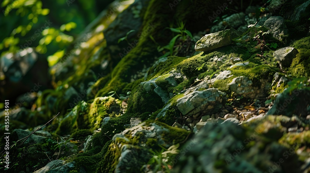 Poster beautiful bright green moss grown up cover the rough stones and on the floor in the forest show with