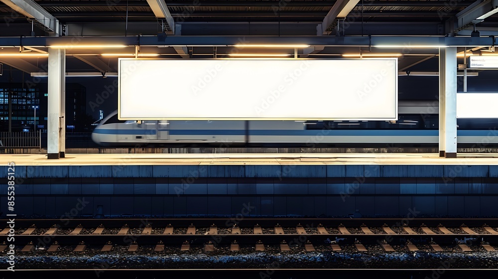Poster billboard on the passenger platform of a railway station at nightmockup : generative ai