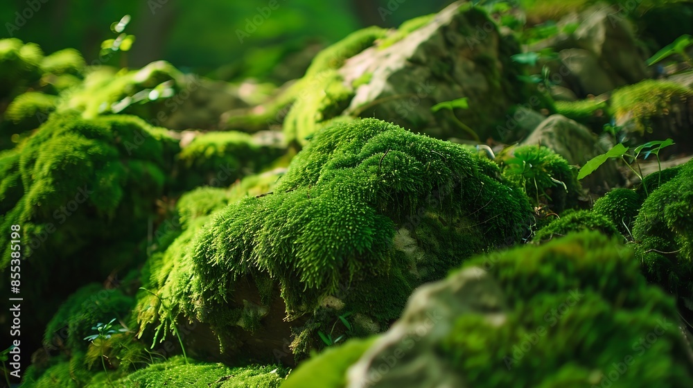 Poster beautiful bright green moss grown up cover the rough stones and on the floor in the forest show with
