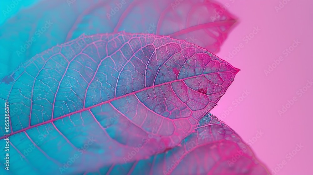 Fototapete Close up Beautiful faded old leaf in neon light Minimalism retro style concept 80s Background pattern for design Macro photography view : Generative AI