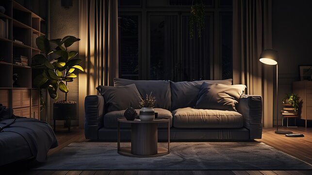 Interior of stylish living room with grey sofa armchair and glowing lamps at evening : Generative AI