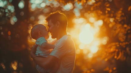 A father lovingly holds his baby close at sunset in a park, sharing a tender moment amidst the glowing light.
