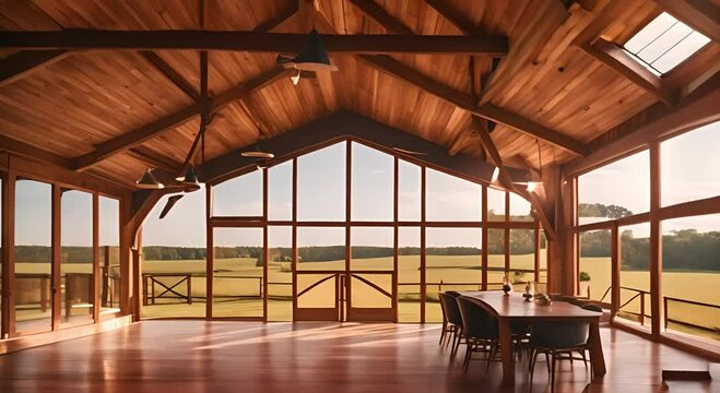 Cozy barn house with mezzanine floor, bathed in golden sunset light