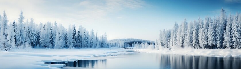 frozen lake surrounded by snow - covered trees under a blue sky with a white cloud