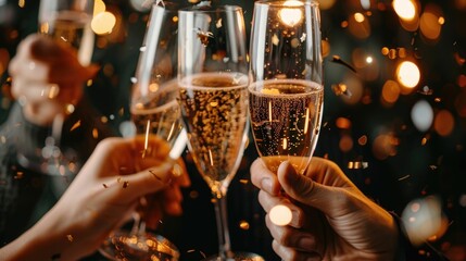 Joyful Friends Toasting Champagne Flutes at a Celebratory Event with Festive Atmosphere of Laughter Delight and Camaraderie