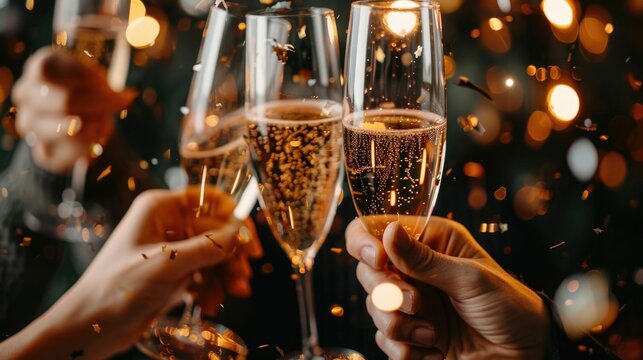 Joyful Friends Toasting Champagne Flutes at a Celebratory Event with Festive Atmosphere of Laughter Delight and Camaraderie