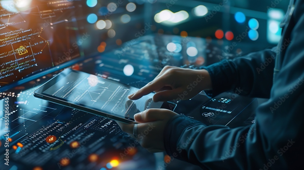 Aufkleber Software engineer using digital tablet with cyber security network computer code on virtual screen interface Data science machine learning of artificial intelligence digital software d : Generative AI