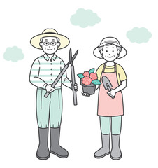 ガーデニングを楽しむ高齢者夫婦の全身イラスト
