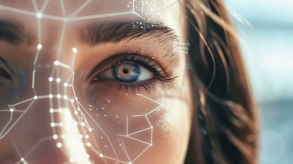 Facial and iris recognition technology Woman with digital biometric scan on eye closeup : Generative AI