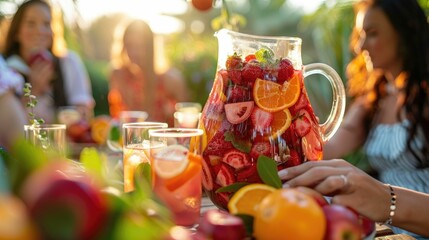 Vibrant pitcher of fresh sangria with sliced fruit shared among friends during a warm sunny outdoor picnic in a backyard or garden setting
