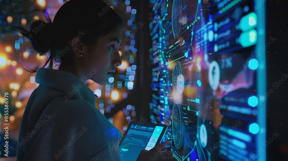 Aufkleber Thinking code hologram and woman with tablet data analysis digital technology and software overlay at night Programmer or Indian person with 3d screen programming stats and cybersecuri : Generative AI