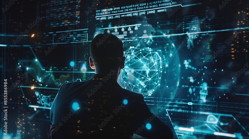 Poster Big data analytics with AI technology Data analyst analyzing and visualizing complex information network with artificial intelligence Machine learning algorithm for business analytics  : Generative AI