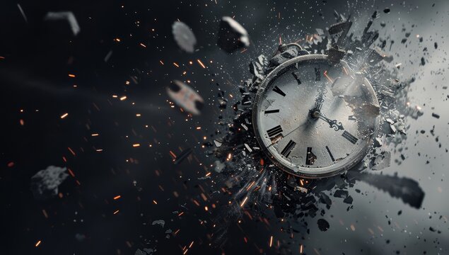A fiery backdrop sets the scene for an old clock engulfed in flames, while a dynamite explosive with a countdown timer displays one second to detonation.