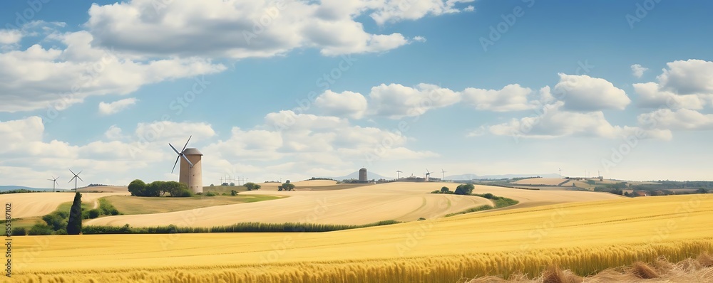 Wall mural golden fields and windmills under a blue sky with white clouds