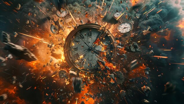 A fiery backdrop sets the scene for an old clock engulfed in flames, while a dynamite explosive with a countdown timer displays one second to detonation.