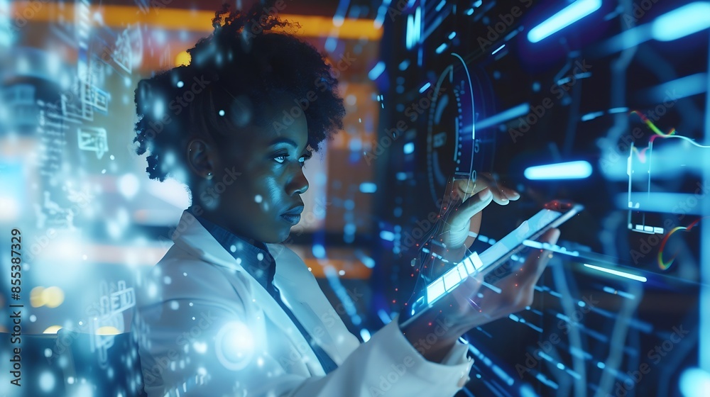 Fototapete Black woman with tablet erp data hologram and innovation research and programming in future information technology Futuristic network analytics and developer for startup business websi : Generative AI