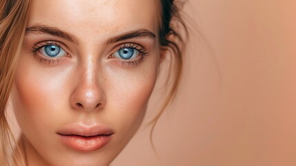 Fototapeta premium Beauty Beautiful Woman Close Up Portrait Young BlueEyed Model With Perfect Skin And Natural Daily Makeup Looking At Camera : Generative AI