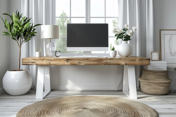 Fototapeta premium White and Wooden Home Office Interior