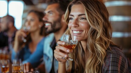 A group of friends sipping bourbon and enjoying a whiskey tasting event at a cozy bar or restaurant