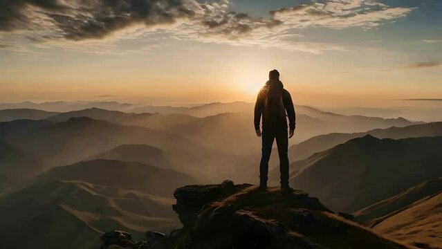 a man stand sunrise in the mountains time and rising
