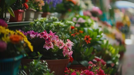 Beautiful colorful flowers and plants in a pots in a Flower shop Selective focus : Generative AI