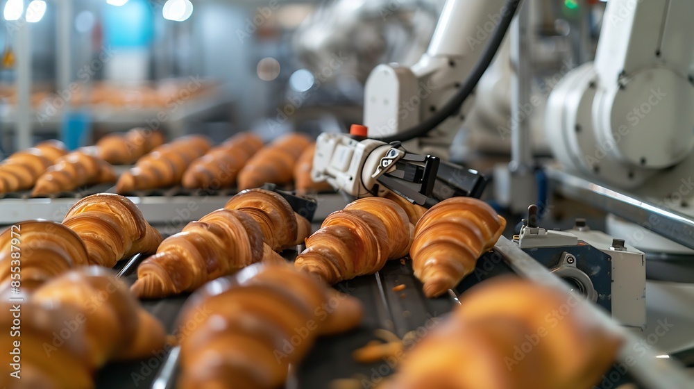 Leinwandbilder Mechanical robots take semifinished products from conveyor belt and put them into containers Mechanical robots replacing human labor in factory Mechanical robots in mass production Fre : Generative AI