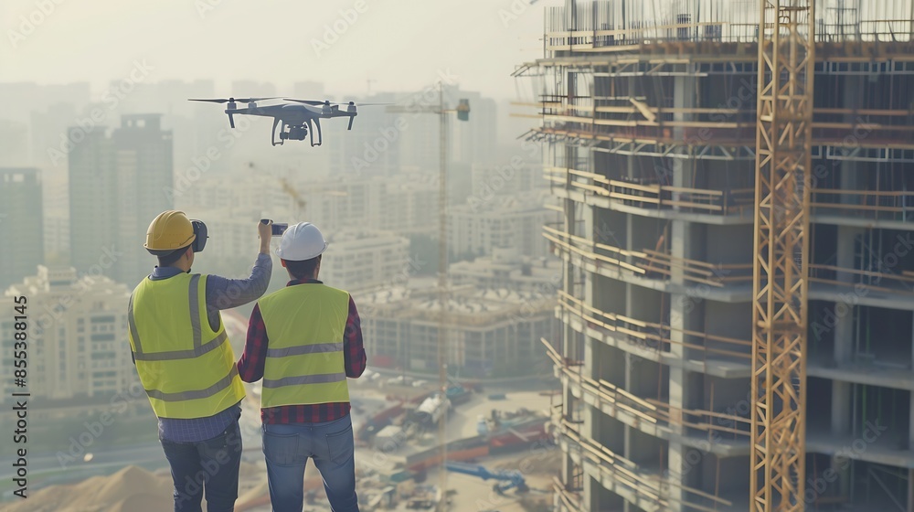 Fototapete Engineer surveyor team Use drone for operator inspecting and survey construction site Surveyors or explorer use drones to view construction sites or check security : Generative AI