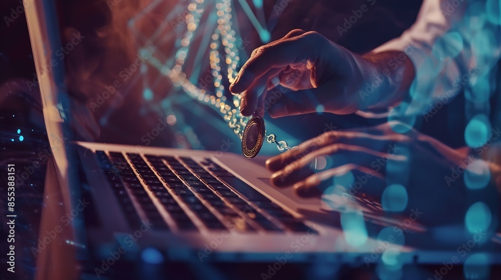 Aufkleber Blockchain technology transaction concept Businessman use laptop on blockchain global networking data network connect Internet cyber security binary coded Crypto chain blockchain techn : Generative AI