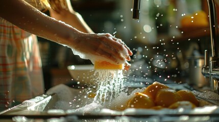Fototapeta premium Close up of human hands washing dishes in kitchen sink with running water soap suds and a sponge Concept of household chores domestic life and hygiene