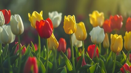 Mix of different colors tulip flowers blooming in flowerbed in garden on sunny day Red yellow and white tulips flowers with green leaves in meadow parkoutdoor Nature spring floral back : Generative AI
