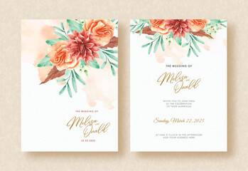 wedding invitation card with orange flowers ornament watercolor background