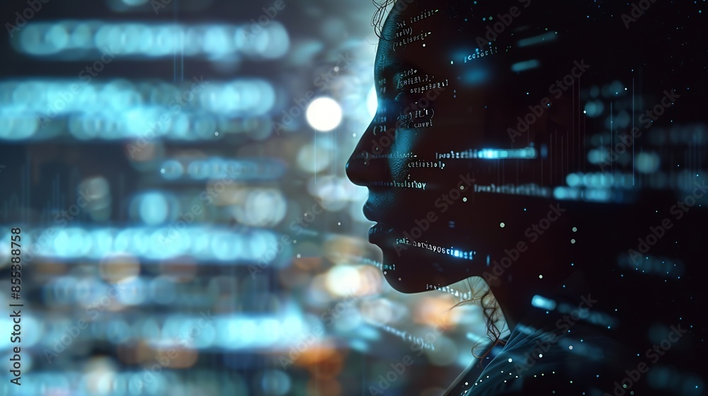 Aufkleber Computer code hologram and woman thinking of data analytics information technology or software overlay at night Laptop solution and IT people with algorithm statistics and cybersecurit : Generative AI