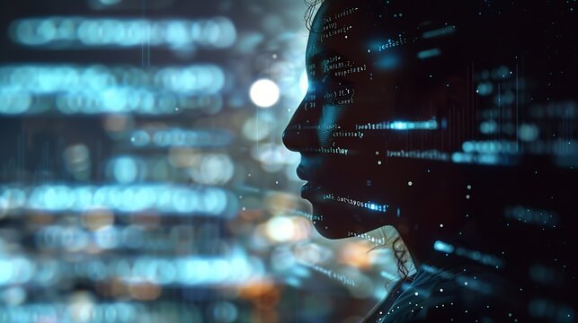 Computer code hologram and woman thinking of data analytics information technology or software overlay at night Laptop solution and IT people with algorithm statistics and cybersecurit : Generative AI - Powered by Adobe