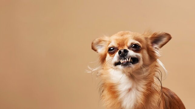 Chihuahua dog on a plain beige studio background grimacing funny evil face : Generative AI
