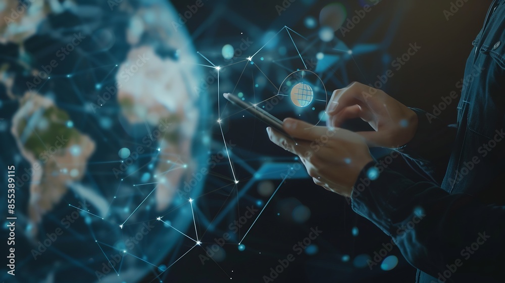Poster Internet technology global business concept Businessman using digital tablet with global network connection on social networking and customer data analytics Business strategy and digit : Generative AI