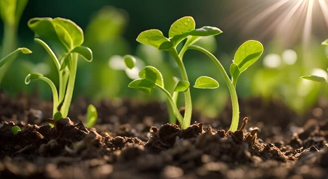 Green plants grow in fertile soil with small shoots emerging under the sunlight