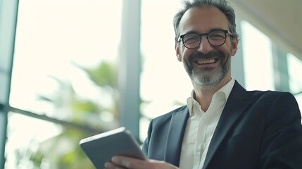 Fototapeta premium Portrait of happy smiling 45 years old business man executive standing in office using digital tablet Middle aged businessman manager wearing suit glasses working on professional finan : Generative AI