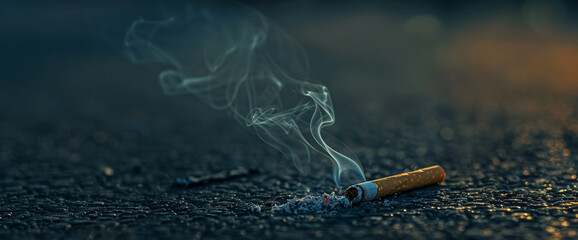 the theme of World No Tobacco Day, a cigarette butt lies on the ground, still aflame, symbolizing the urgency to stop smoking.