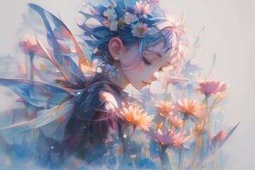 花を見つめる妖精