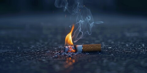 the theme of World No Tobacco Day, a cigarette butt lies on the ground, still aflame, symbolizing the urgency to stop smoking.
