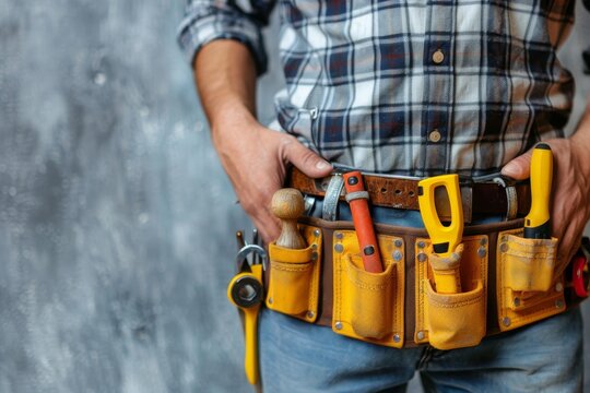 Maintenance worker with tool kits posing in front of textured wall, a skilled man at work
