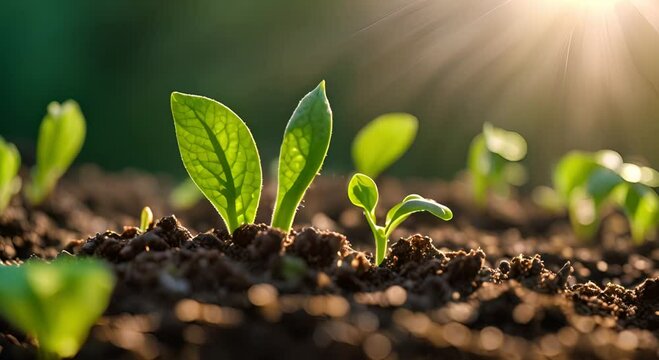Green plants grow in fertile soil with small shoots emerging under the sunlight