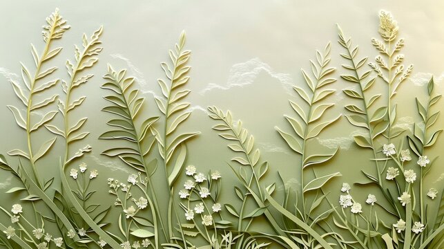 Closeup view of minimalist grasses and forbs embossed in green, gold and white on textured green paper